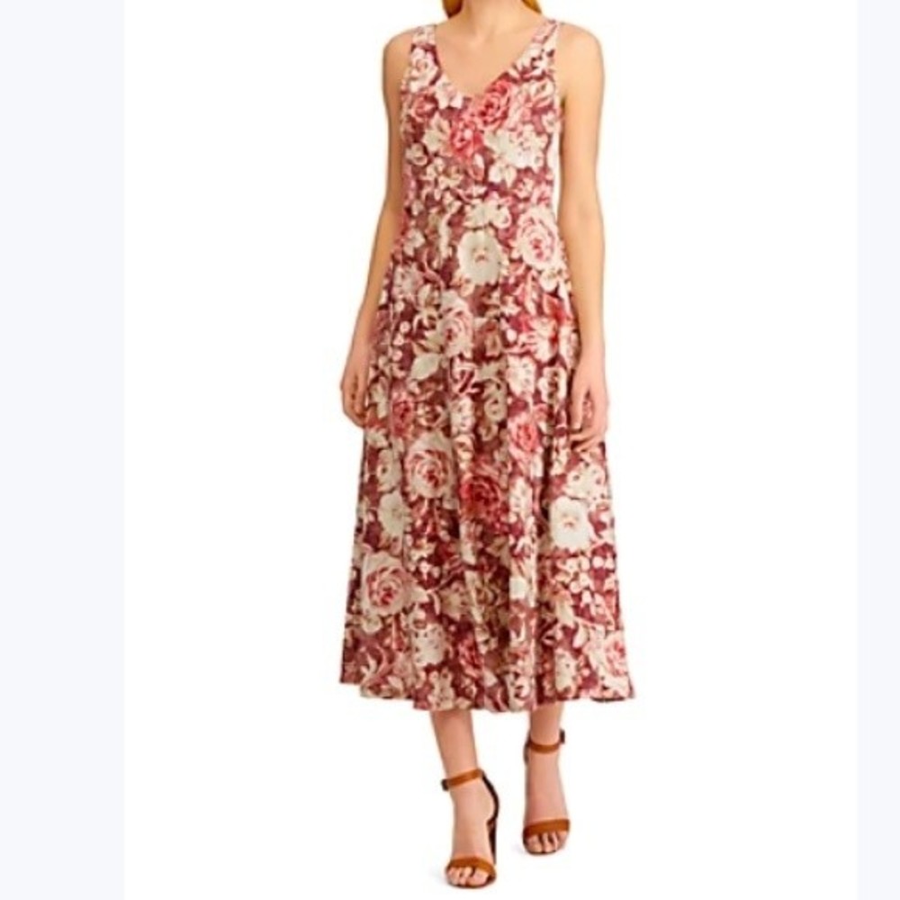 CHAPS Size Small NWT Noel Floral Sleeveless Jersey Midi Dress Wine Cream Roses